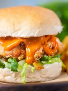 Korean-influenced crispy fried chicken burger with gochujang mayo and kimchi.