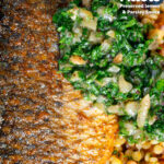 Close-up pan fried grey mullet fillet served with preserved lemons and parsley featuring a title overlay.