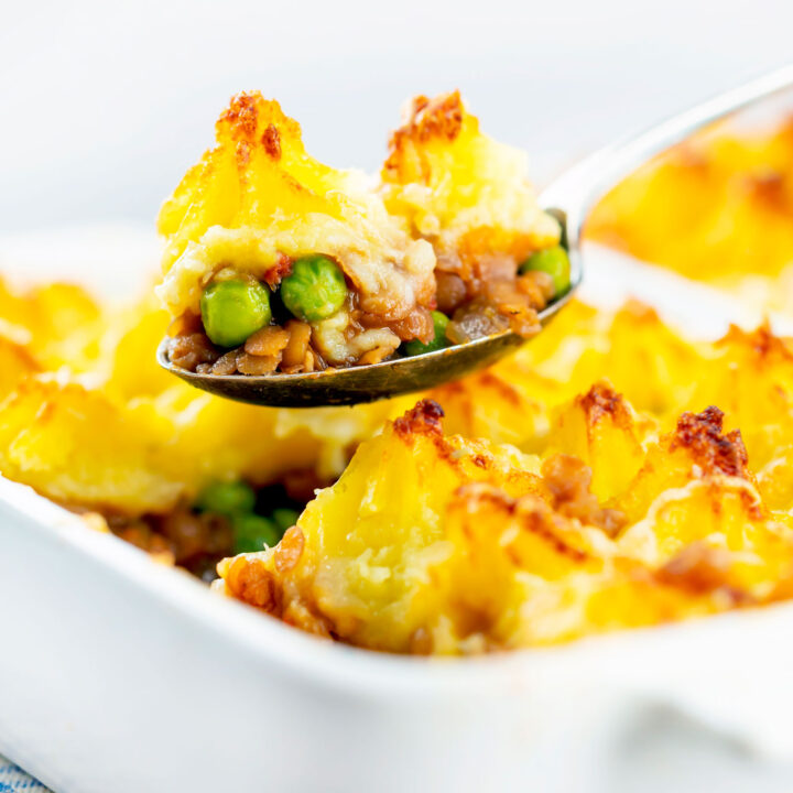 Vegetarian Shepherd's pie aka shepherdess pie with parmesan mash and lentils.