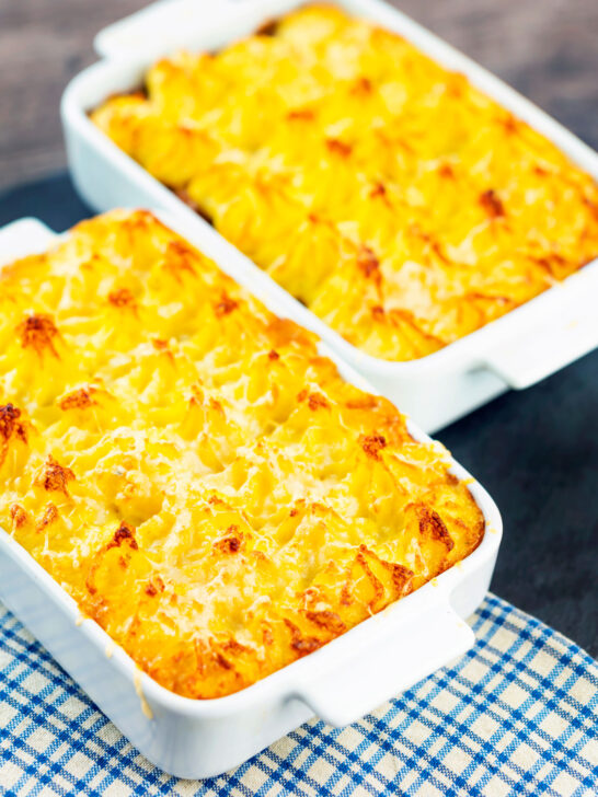 Cheesy mash topped individual vegetarian shepherd's pie or shepherdess pie.