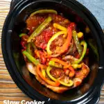 Overhead Crock Pot pork chops with peppers, tomatoes and Worcestershire sauce featuring a title overlay.