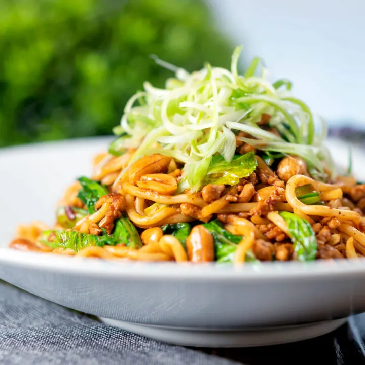 Spicy dan dan noodle stir fry with pork mince garnished with spring onion.