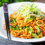 Dan dan noodles, a spicy pork mince stir fry with peanuts and chilli with spring onions.