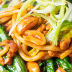 Close-up dan dan noodles, a spicy pork mince stir fry with peanuts with spring onions.