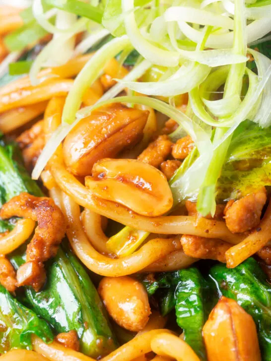 Close-up dan dan noodles, a spicy pork mince stir fry with peanuts with spring onions.