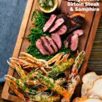 Overhead surf and turf sharing board with langoustine, steak and samphire featuring a title overlay.