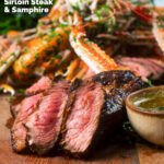 Close-up image of steak cooked pink as part of a surf and turf dinner featuring a title overlay.