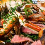 Close-up shell on langoustine at the centre of a surf and turf platter featuring a title overlay.