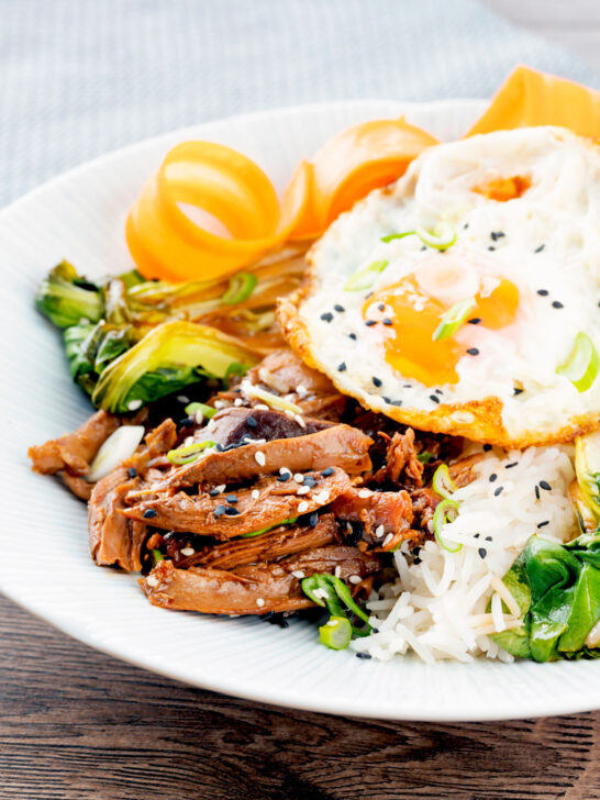 Wagamama inspired shredded teriyaki duck donburi rice dish with a fried egg.