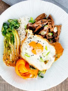 Overhead Wagamama inspired shredded teriyaki duck donburi rice dish with a fried egg.