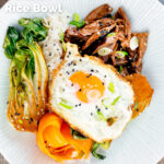 Overhead Wagamama inspired shredded teriyaki duck donburi rice dish with a fried egg featuring a title overlay.