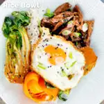 Overhead Wagamama inspired shredded teriyaki duck donburi rice dish with a fried egg featuring a title overlay.