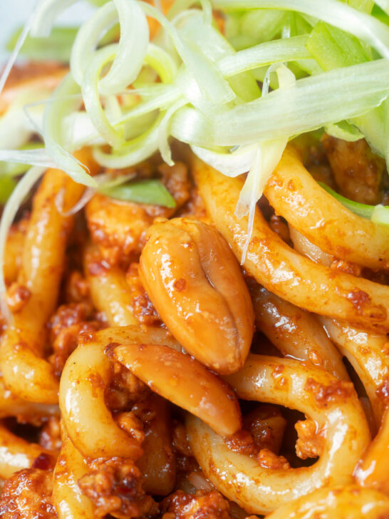 Close-up crumbled tofu noodle stir fry with peanuts and spicy dan dan sauce.