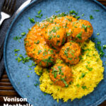 Overhead venison meatballs in an Indian-style yoghurt-based curry sauce with pilau rice featuring a title overlay.