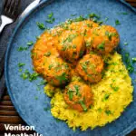 Overhead venison meatballs in an Indian-style yoghurt-based curry sauce with pilau rice featuring a title overlay.