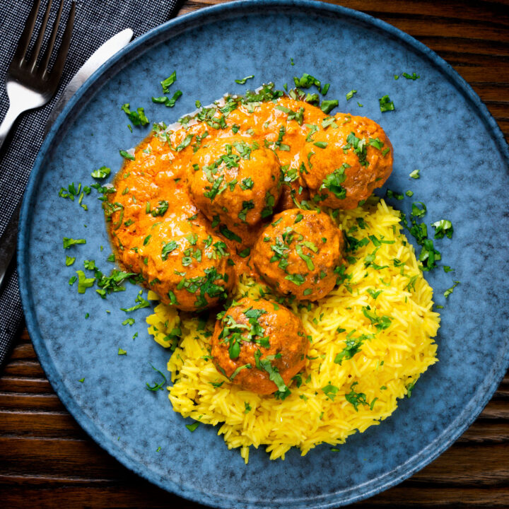 Indian inspired venison meatballs in a yoghurt based curry sauce served with pilau rice.