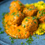Venison meatballs in an Indian-style yoghurt-based curry sauce with pilau rice.