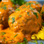 Close-up venison meatballs in an Indian-style yoghurt-based curry sauce with pilau rice featuring a title overlay.