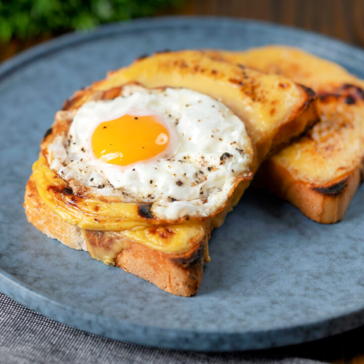 Buck rarebit, a variant of Welsh rarebit on toast with a fried egg.