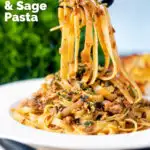 Chicken and sage pasta with caramelised onions and sage crumb being picked up with a fork featuring a title overlay.