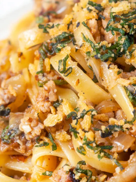 Close up minced chicken and sage pasta with sweet caramelised onions and sage crumb.