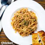 Overhead chicken and sage pasta with sweet onions and sage crumb featuring a title overlay.