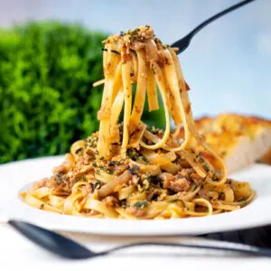 Minced chicken and sage pasta with caramelised onions and a crispy sage and breadcrumb topping.
