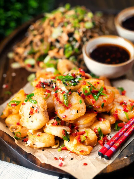 Chinese salt and pepper prawns with a chilli dipping sauce and soba noodle salad.