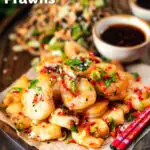 Chinese salt and pepper prawns with a chilli dipping sauce and soba noodle salad featuring a title overlay.
