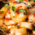 Close-up Chinese salt and pepper prawns.