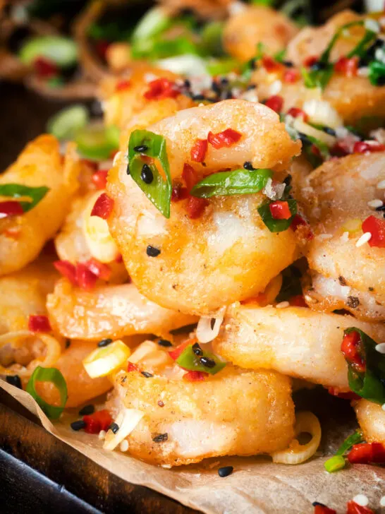 Close-up Chinese salt and pepper prawns.