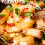 Close-up Chinese salt and pepper prawns featuring a title overlay.