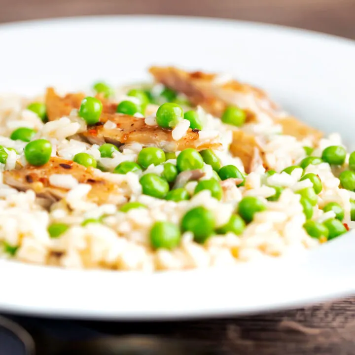 Smoked mackerel risotto with garden peas and chilli flakes.