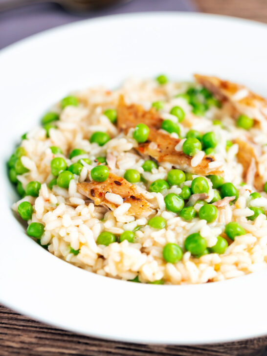 Smoked mackerel risotto with sweet peas and chilli flakes.