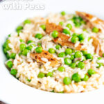 Smoked mackerel risotto with sweet peas and chilli flakes featuring a title overlay.