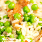 Close up smoky mackerel and garden pea risotto with chilli flakes featuring a title overlay.