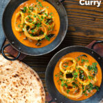 Overhead Indian-influenced squid ring curry in a coconut sauce featuring a title overlay.