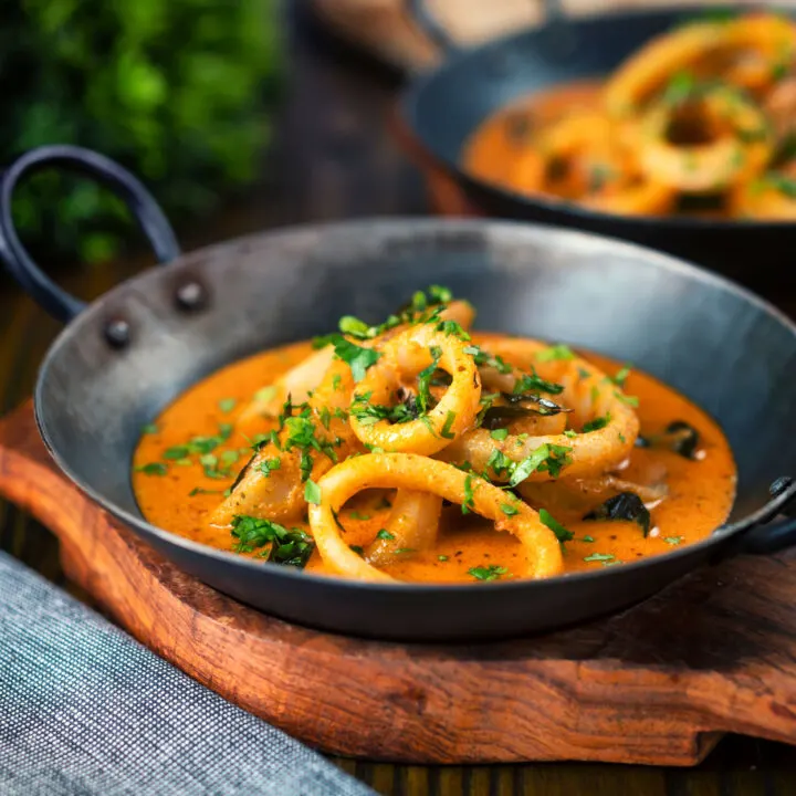 South Indian influenced squid ring or calamari curry with a coconut milk sauce.