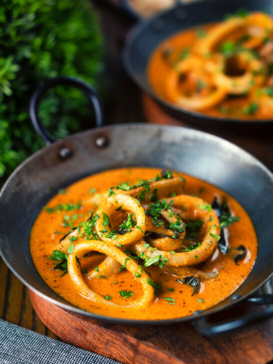 Indian-influenced squid ring curry in a coconut sauce.