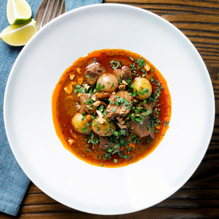 Thai influenced beef massaman curry with potatoes, shallots and peanuts.