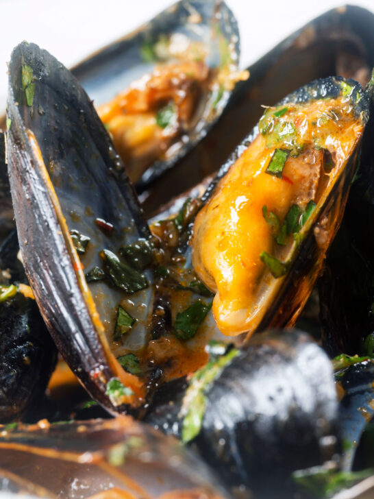 Close-up spicy Thai inspired red curry mussels.