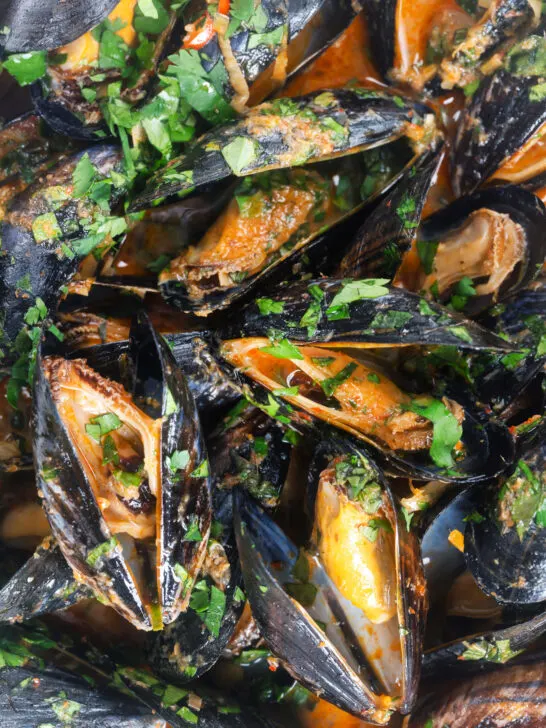 Overhead close-up Thai inspired red curry mussels in a coconut milk sauce.