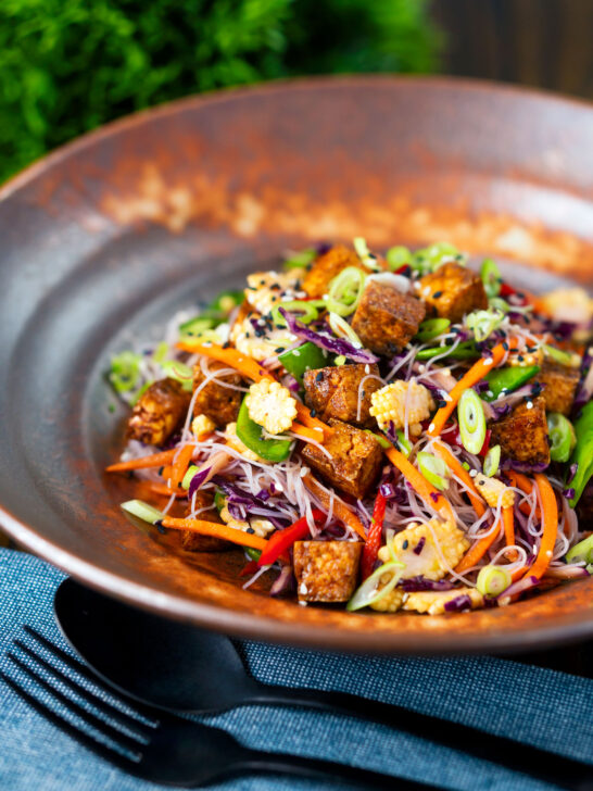 Crispy soy sauce tofu and rice vermicelli noodle salad with lots of veggies.