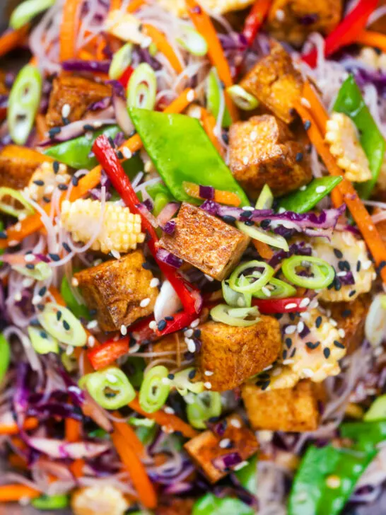 Overhead close-up crispy soy sauce tofu and rice vermicelli noodle and vegetable noodle salad.