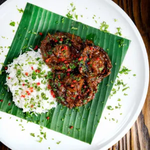 Vegan mushroom rendang "curry" made with whole large field mushrooms.
