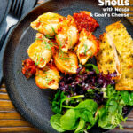 Baked stuffed pasta shells with goat's cheese and nduja in a tomato sauce with garlic bread featuring a title overlay.