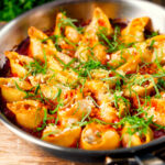 Skillet baked stuffed pasta shells with goat's cheese and nduja in a tomato sauce.