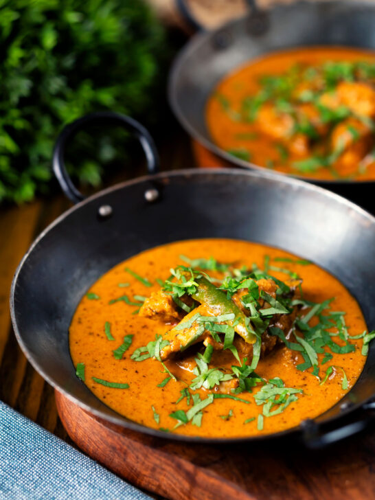 Indian coconut milk chicken curry with tamarind and fresh coriander.