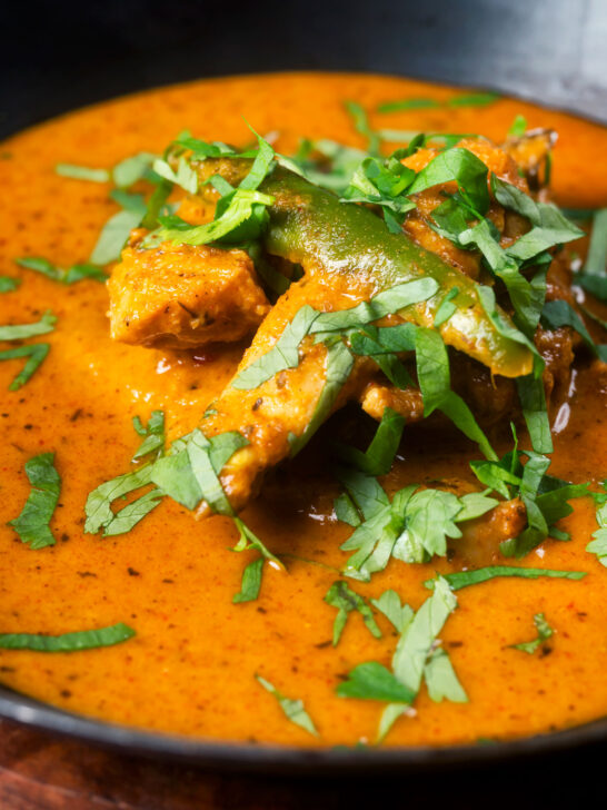 Close-up Indian coconut milk chicken curry with tamarind and fresh coriander.