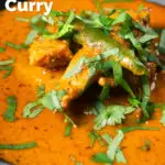 Close-up Indian coconut milk chicken curry with tamarind and fresh coriander featuring a title overlay.